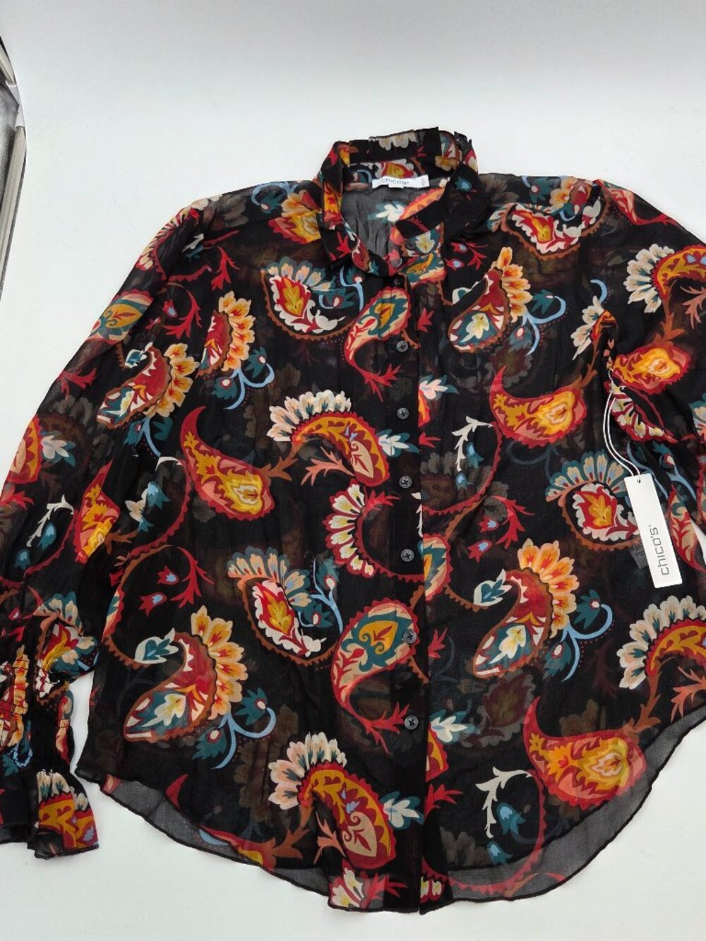 Chico's Black & Orange Chiffon Paisley Sheer Button Down Shirt Size 2/US 12 NWT
